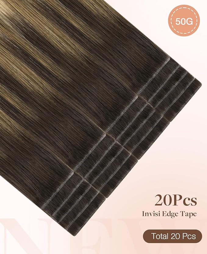 GOO GOO Invisi Edge Tape in Hair Extensions Human Hair, 2/6/18 Balayage Brown to Dirty Blonde, 20pcs 20inch 50g, Virgin Remy Hair, Seamless Injected Tape, Natural Look