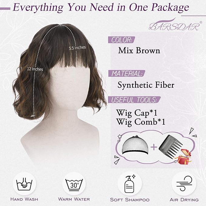 BARSDAR Short Wavy Brown Highlight Wig with Bangs - Short Brown Highlights Wigs for Women - Curly Wavy Textured French Bob Wig with Bangs Soft Synthetic Natural Looking Face-Framing Daily Party