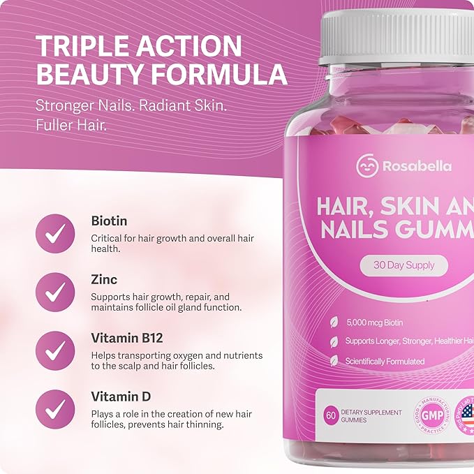 Rosabella® Hair Growth Vitamin Gummies [60 Gummies] Biotin for Faster Hair Growth Women & Men - Nail, Skin (5.000mcg Biotin) (60 Count (Pack of 2))