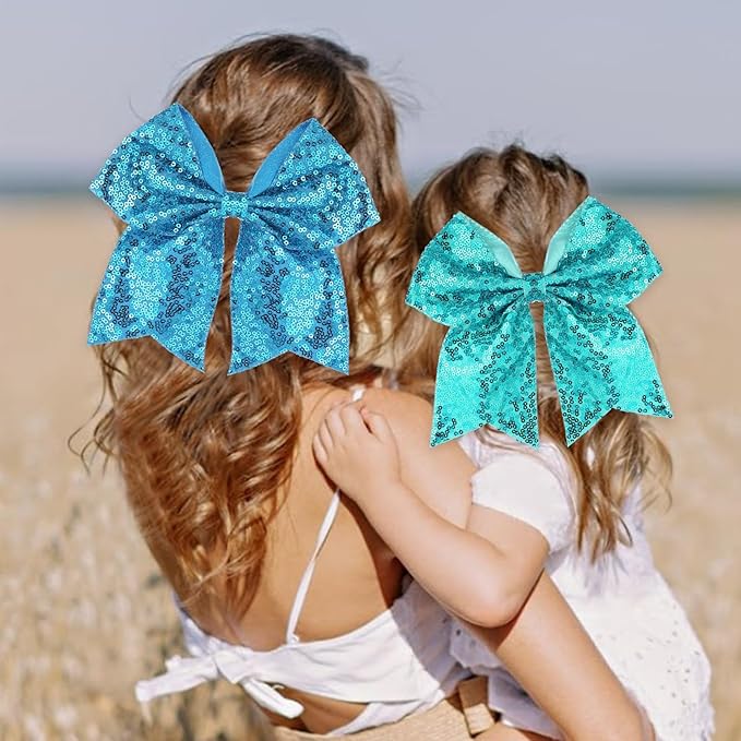 Large Big 7 Inch Glitter Bow Clip Sequin Bling Party Hair Accessories for Women Teens Girls Kids 2 Pcs (PeacockGreen, Blue)