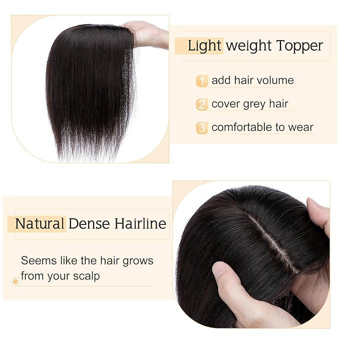 SEGO Human Hair Toppers for Women With Thinning Hair, 7 * 13CM Silk Base 100% Real Human Hair Clip in Top Wiglet Hairpieces /14 Inch No Bangs Natural Black