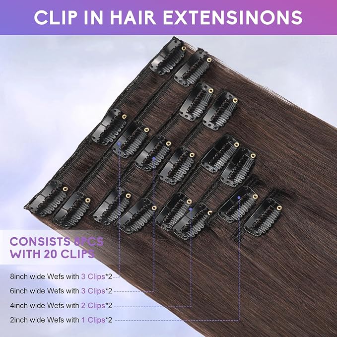Dark Brown Clip in Hair Extensions Real Human Hair Invisible Seamless Remy Human Hair Clip in Extensions for Women 16 Inch 90g, 8pcs Per Set with Double Weft