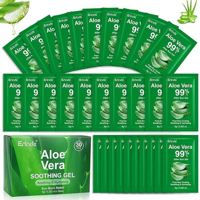 Erinde 30 Pack Aloe Vera Gel for Face, Hair & Body, 99% Pure Aloe Vera Gel for Sunburn Relief, After Sun Skin Care Relief, Skin Care Bulk Soothing Hydrating Aloe Gel Travel Size for All Skin Types