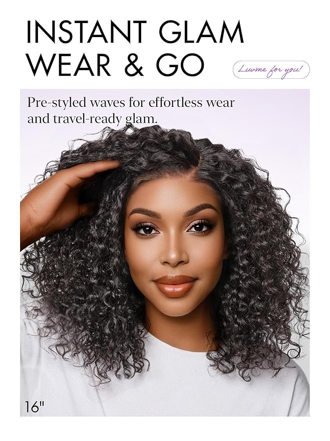 LUVME HAIR Curly Deep Wave Glueless Lace 100% Human Hair Short Wigs 16 Inches Pre Cut Plucked Hd Lace Wig Ready To Go Natural Color Bleached Knots Side Part Black Wigs 16 Inches