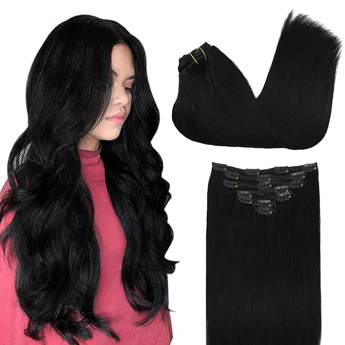 GOO GOO Clip in Hair Extensions Real Human Hair, Remy Human Hair Extensions Clip ins for Women, Natural Human Hair, 26inch 135g 7Pcs, 1 Jet black
