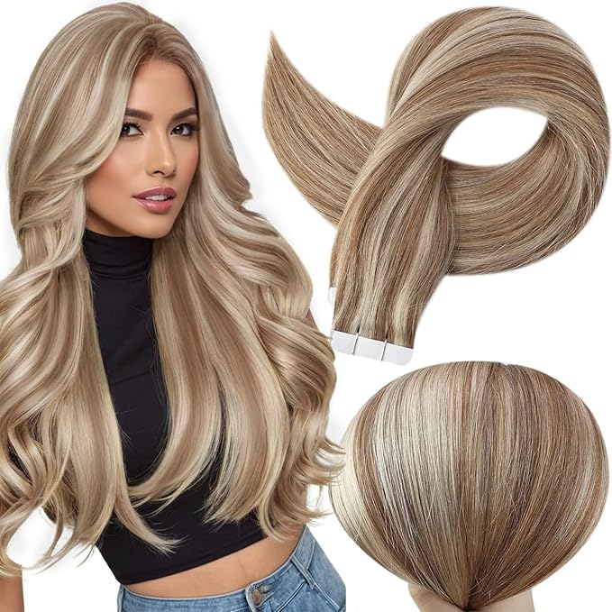 Full Shine Tape in Hair Extensions 18 Inch Invisible Skin Weft Tape Hair Extensions Color 10 Golden Brown Highlighted 613 Blonde Remy Seamless Extension 50G Adhesive Tapes Straight Extension 20Pcs