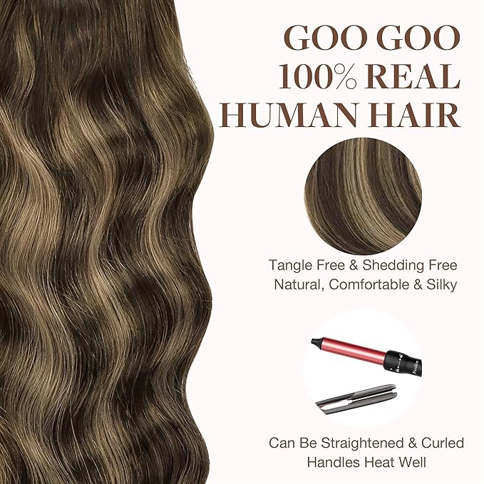 GOO GOO Tape in Hair Extensions Human Hair, 4/27/4 Balayage Chocolate Brown to Caramel Blonde, 20inch 100g 40pcs, Skin Weft Seamless Invisible, Silky Straight with Thick Ends, Remy Human Hair