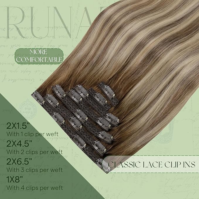 RUNATURE Balayage Clip in Hair Extensions, Real Human Hair Clip in Extensions for Women, Long Hair Extensions Add Length Easy to Apply, 24 Inch 135g #3/8/22 Walnut Brown to Light Brown with Blonde