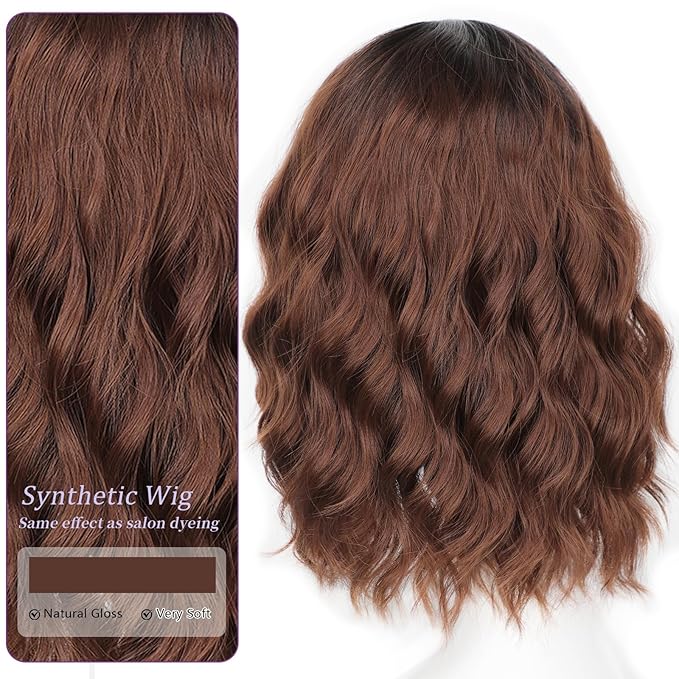 AISI HAIR Synthetic Wavy Curly Bob Wig with Bangs Ombre Reddish Brown Short Hair Wigs for Women Synthetic Heat Resistant Bob Wigs