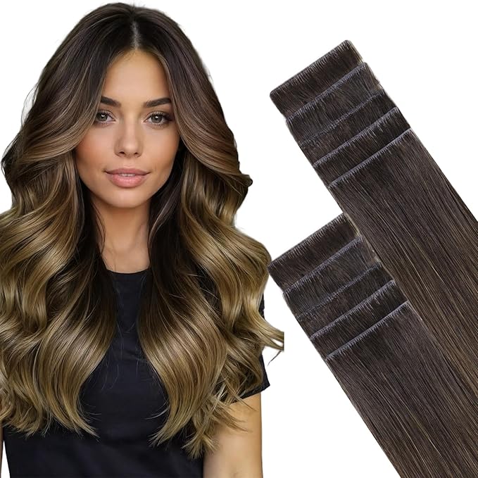 GOO GOO Invisi Edge Tape in Hair Extensions Human Hair, 1D/2C/4E Chocolate Dip Color Melt, 10pcs 14inch 25g, Virgin Remy Hair, Seamless Injected Tape, Natural Look