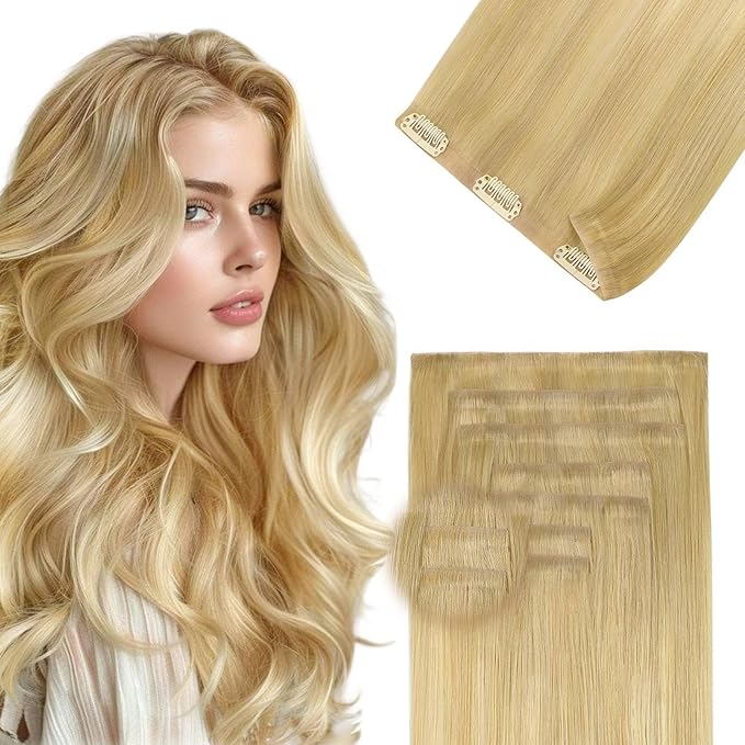 DOORES Clip in Hair Extensions Real Human Hair 14 inch 110g 7pcs Invisible Human Hair Extensions Clip ins, Injected Seamless PU Clipins Invisi Edge, 18A/60 Drity Blonde Mixed Platinum Blonde
