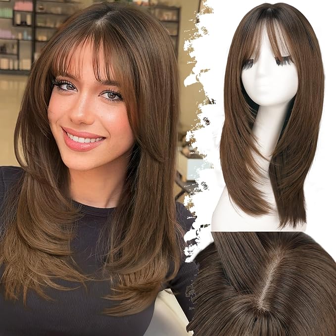 Wig with Bangs for Women Brown Straight Face-Framing Layers Hairstyle 4x4 Realistic Scalp Glueless Synthetic Wigs Medium Length for Everyday Use