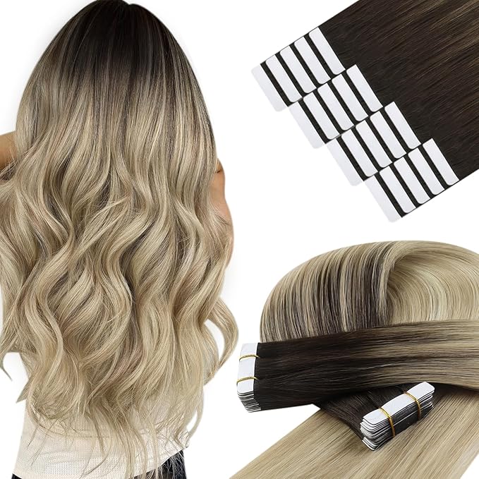 YoungSee Ombre Tape in Hair Extensions Human Hair 20 Inch Tape ins Human Hair Extension Balayage Dark Brown to Blonde with Brown Tape-in Extensions Real Hair Adding Hair Volume 20pcs 50g