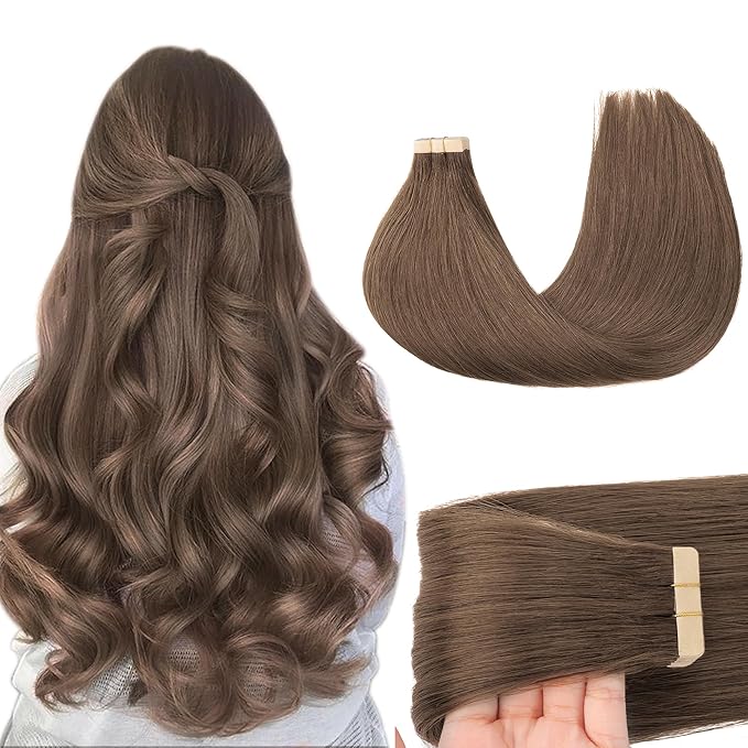 GOO GOO Tape in Hair Extensions Human Hair, 5 Light Ash Brown, 16inch 50g 20pcs, Skin Weft Seamless Invisible, Silky Straight with Thick Ends, Remy Human Hair