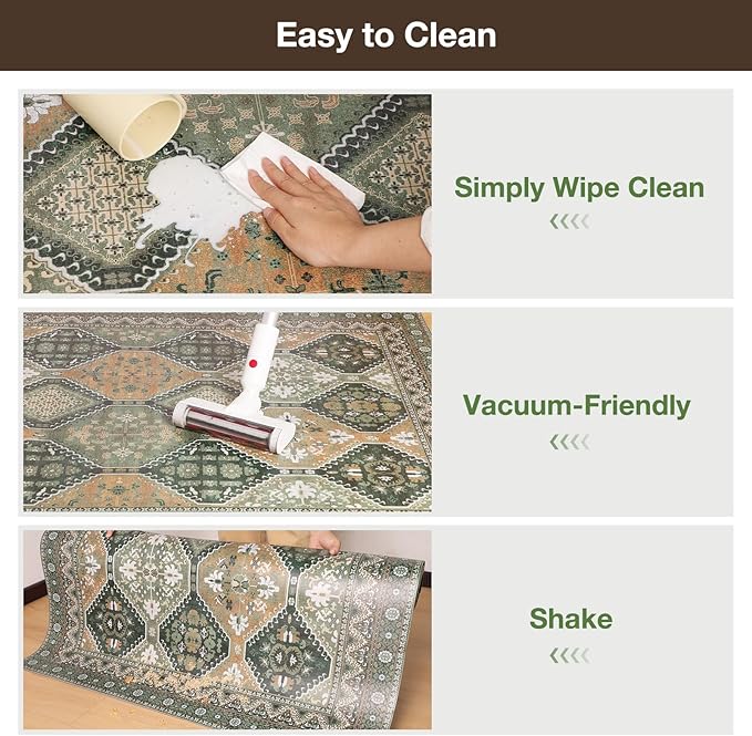 Floor Mat for Home 4×6ft, Easy Clean Plastic Rug-Like Pattern Area Mat for Living Room, Waterproof Vinyl Area Rug for Under Kitchen Table, No Slip Soft Vintage Rug for High Traffic Area(Green)