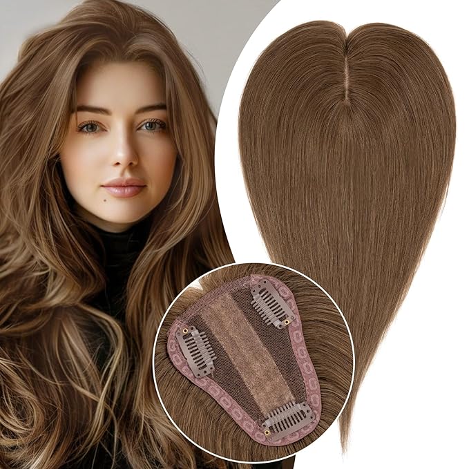 S-noilite Hair Toppers for Women Real Human Hair 3D 360° Cover Clip in 100% Real Human Hair Toppers 3″*4″ Clip in Silk Base 12 inch Meduim Brown