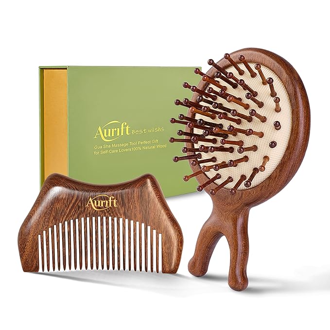 Mini Travel Hair Brush and Comb Set, Christmas Gifts for Mon, Scalp massager Hair Growth, Wooden Detangler Comb, Small Curly Hair Wet Brush for Women Girls Kids, Facial Massage Gua Sha Tool