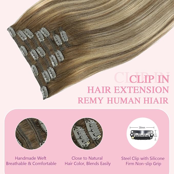 PINKPEARL Clip in Hair Extensions Human Hair, Remy Human Hair Clip ins for Women #4/27/4 Chocolate Brown to Caramel Blonde Balayage Clip Hair Extensions 7pcs 120g 22inch(#4/27/4-22)