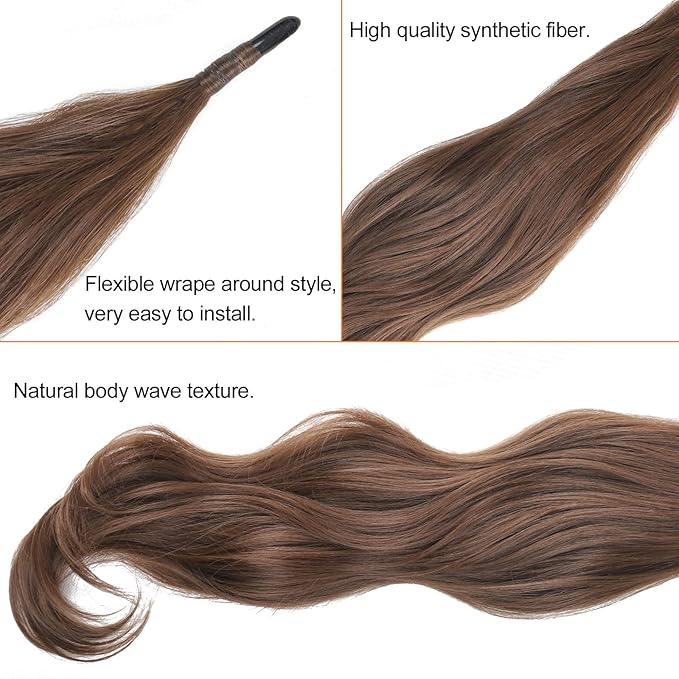 Chicmoi Brown Ponytail Extainson 32 Inch Flexible Wrap Around Ponytail Hair Extension 8# Long Wavy Pony Tails hair Extension Chocolate Brown Synthetic Hairpieces For Women and Girls