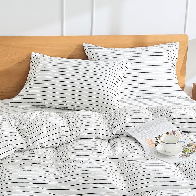 JELLYMONI 100% Natural Cotton Striped King Pillowcases Set, 2 Pack White with Thin Black Stripes Pattern Printed Pillow Covers with Envelope Closure (Pillows are not Included)