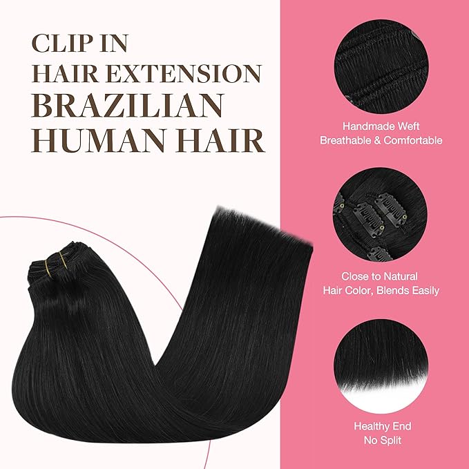 GOO GOO Clip in Hair Extensions Real Human Hair, Remy Human Hair Extensions Clip ins for Women, Natural Human Hair, 14inch 150g 9Pcs, 1 Jet black