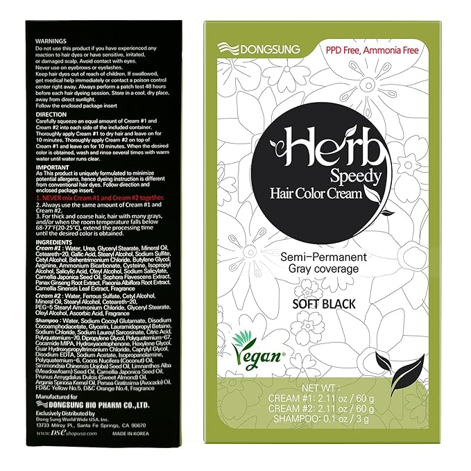 Dongsung Herb Speedy Color Cream (Soft Black, 3 Pack), PPD-Free Ammonia-Free Vegan Gray Coverage Hair Dye with Sun Protection, Odorless, Gentle for Sensitive Scalp, No Eye or Scalp Irritation
