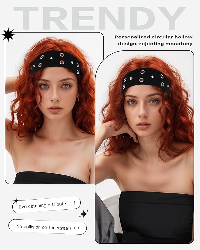 Grommet Headband for Women, Black Triangle Studs 23cm Hollow Out Elastic Hair Band, Eyelets Punk Grunge Stylish Hairband