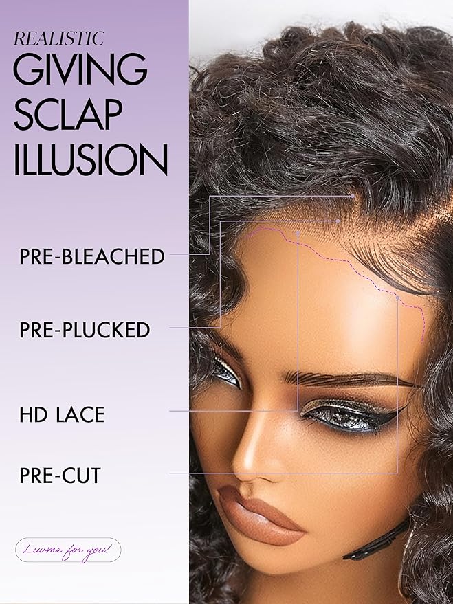 LUVME HAIR 100% Human Hair Wigs Curly Deep Wave Glueless Lace Front 14 Inches, Pre Cut Plucked Hd Lace Short Wig Ready To Go Natural Color Straight Bleached Knots Side Part Black Wigs