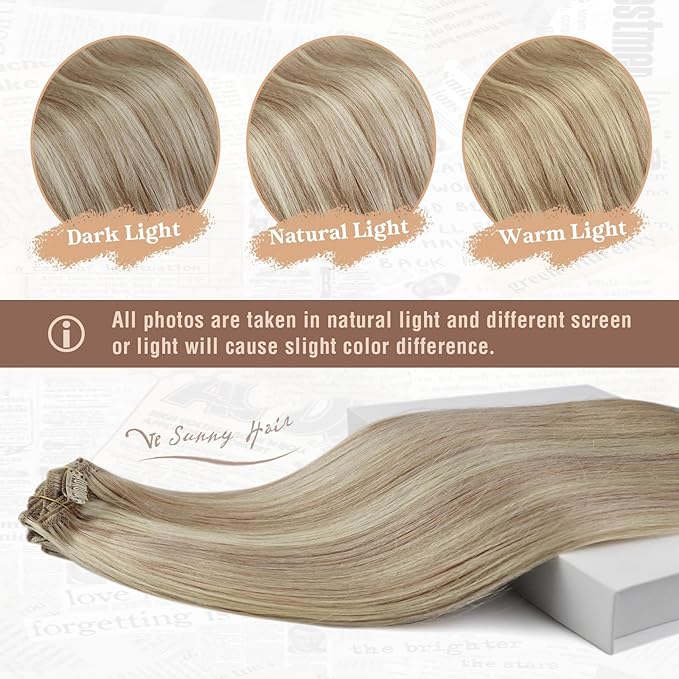 Ve Sunny 24 inch Remy Clip in Hair Extensions Long Human Hair Extensions Blonde Highlight for Women Warm Color Real Human Hair Clip in Extensions Straight 120g 7pcs