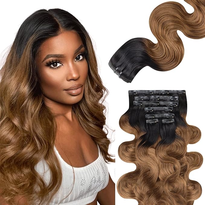 Lashey Seamless Hair Extensions Real Human Hair 110g 7pcs Body Wave Clip in, with PU Soft Invisi Edge 16 Inch Ombre Natural Black to Medium Auburn Clip in Hair Extensions Human Hair