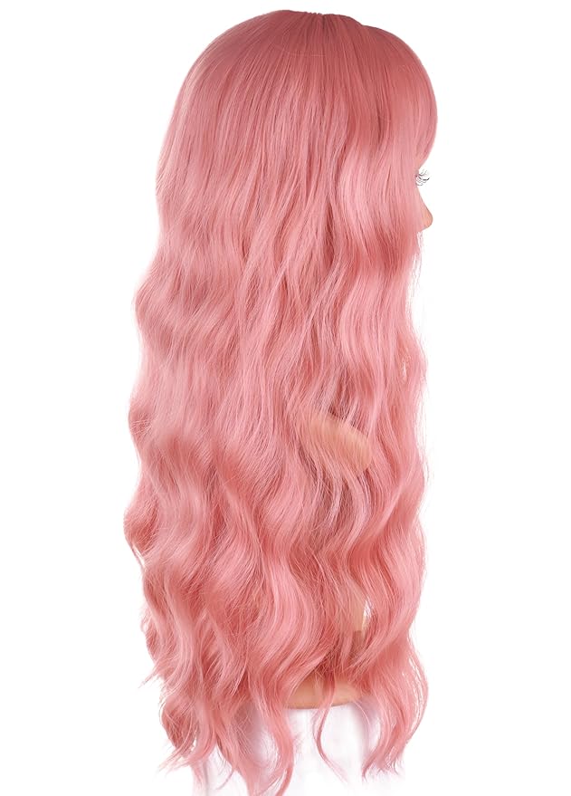 Pink Hair Wavy Wigs With Bangs For Women Synthetic Pink Wigs For Daily Use Everyday Wear.