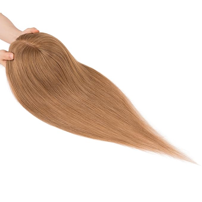 Hairro Human Hair Toppers Free Parted, 3.5x4.7" Base Hand-wovened 100% Real Hairpieces, with Invisible Clips-in for Women, for High Hairline/Adding Volume on Top, 16 Inch Blondish Brown