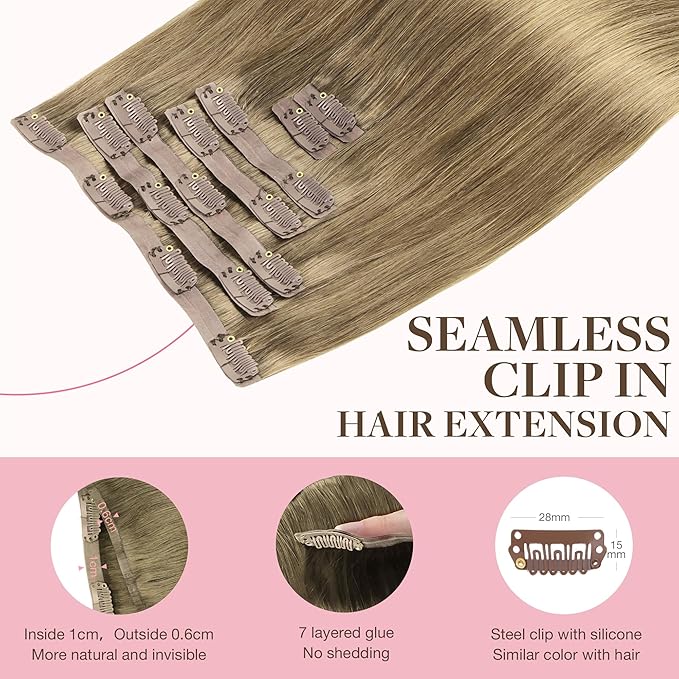 GOO GOO Clip in Hair Extensions Real Human Hair, Remy Human Hair Extensions Clip ins for Women, Natural Human Hair, 14inch 110g 7Pcs, 7 Bronde
