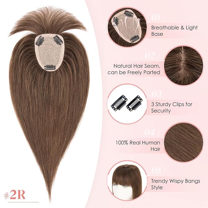 Hairro Human Hair Toppers with Wispy Bangs, 3.5x4.7" Hand-wovened Base for Women with Thinning Hair, Lightweight & Breathable Realistic Scalp, Clip-in Hairpieces for Easy Wear, 12 Inch Dark Brown