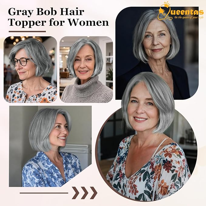 QUEENTAS Silver Hair Topper for Women with Thinning Hair Pieces 6"*6"Large Coverage 360°3D Cover Silver Synthetic Short Bob with 5 Clips in Wiglets(Gray with Black)
