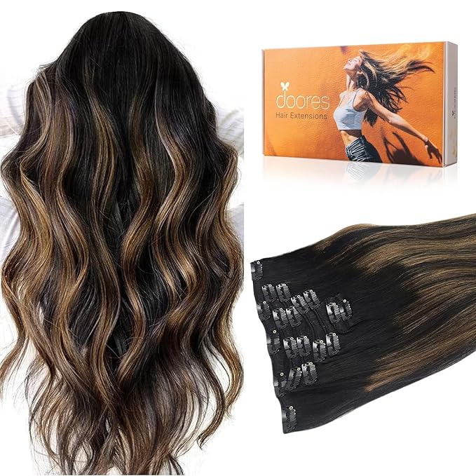 DOORES Hair Extensions Clip in Real Natural Black to Chestnut Brown 120g 22 Inch 7pcs Balayage Clip in Human Hair Extensions Natural Hair Extensions Straight