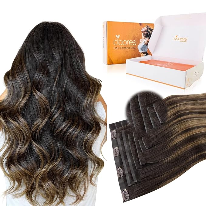 DOORES Clip in Hair Extensions Set 18 Inch 120g, 4pcs Invisi Edge Clip ins and 3pcs Classic Seamless Clip ins, Injected Virgin Real Human Hair Extensions Natural Invisible Straight, #1B