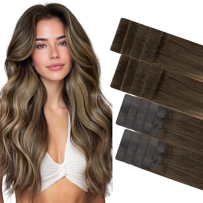GOO GOO Invisi Edge Tape in Hair Extensions Human Hair, 4/27/4 Balayage Chocolate Brown to Caramel Blonde 10pcs injected with 10pcs classical tape ins, 20inch 50g, Virgin Remy Hair, Natural Look