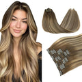 PINKPEARL Clip in Hair Extensions Human Hair, Remy Human Hair Clip ins for Women #4/27/4 Chocolate Brown to Caramel Blonde Balayage Clip Hair Extensions 7pcs 120g 14inch(#4/27/4-14)