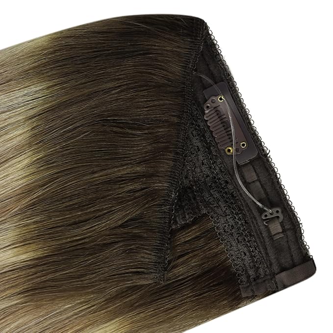 YoungSee 130G Invisible Wire Hair Extensions for Women Brown Blonde Human Hair Wire Extensions Balayage One Piece Hair Extensions Real Human Hair Walnut Brown with Blonde Soft Hair 20 Inch