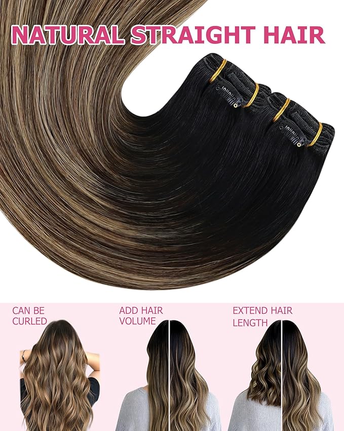 YoungSee Balayage Clip in Hair Extensions Ombre Clip in Hair Extensions Real Human Hair Black Fading to Brown with Caramel Blonde Short Straight Hair Extension Clip ins 85G 7Pcs 12In