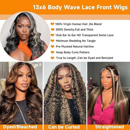 13x6 Balayage Highlight Lace Front Wig Human Hair 13x6 HD Lace Front Wigs Human Hair Pre Plucked Ombre Body Wave Wig 200% Density FB/27 Colored Frontal Wigs Glueless Wigs for Women 26 Inch