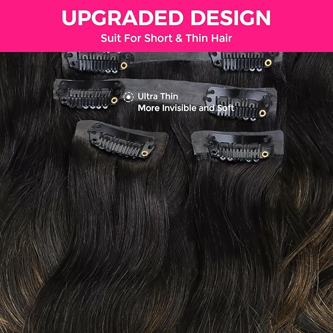 Lashey Seamless Clip in Hair Extensions Human Hair Natural Black Mixed Chestnut Brown 110g 7pcs 18 Inch Body Wave Hair Extensions Clip ins with PU Weft Soft Invisi Edge