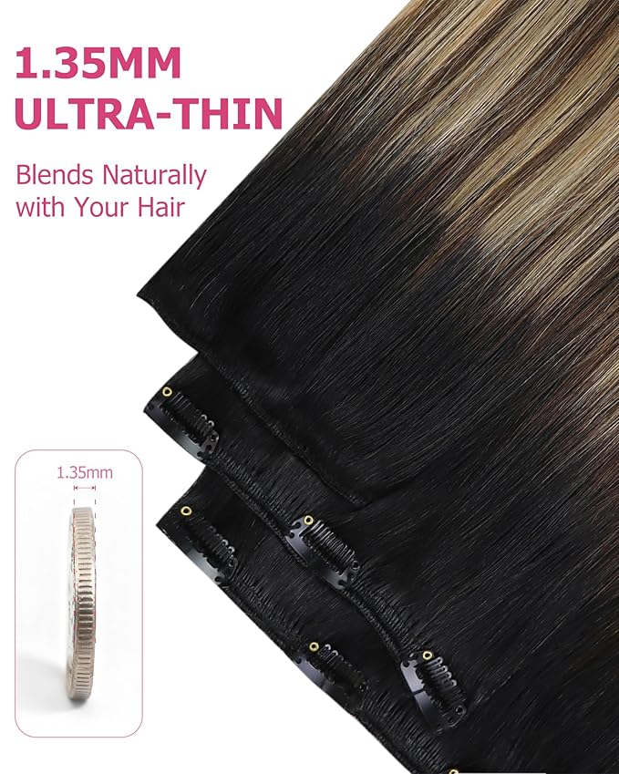 YoungSee 135G Hair Extensions Clip ins Ombre Black Clip in Hair Extensions Real Human Hair Balayage Natural Black Fading to Brown with Caramel Blonde Clip on Hair Extension Human Hair 7Pcs 16Inch