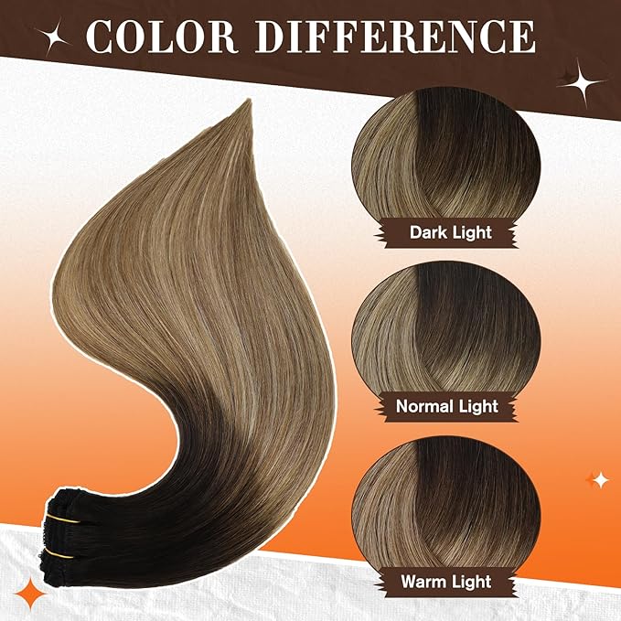 Full Shine Balayage Clip in Hair Extensions 12 Inch Hair Extensions Clip in Balayage Off Black Fading to Brown with Medium Blonde Remy Hair for Short Hair 3 PCS 60 Grams