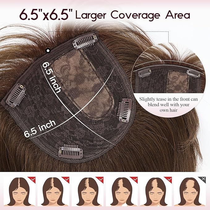 EMMOR Human Hair Toppers for Women Short Bob Real Hair with Bangs 10" Side Part Hairpieces for Women with Thin Hair 6.5" × 6.5" Larger Base Human Wig Toppers(Brown)