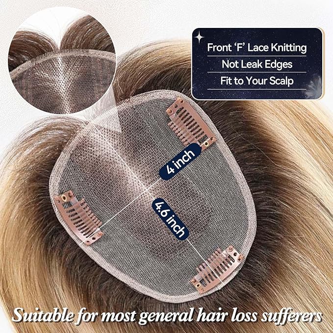 starluck Human Hair Topper for Women with Thinning Hair, 100% Real Human Hairpiece, 4.6 * 4 Inch Upgrade SilkHug Swiss Lace Base Hairpiece,14 Inch, No Bangs (Ombre Blonde)