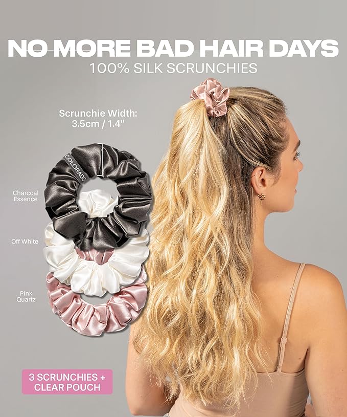 SUNDAYSILKS™ Luxurious Mulberry Silk Scrunchies for Women & Girls | No-Slip, Silky Hair Ties for Natural, Curly, Thin or Thick Hair | Gentle Hold for Ponytails & Sleep | Mini to Large Sizes [3 Pack]