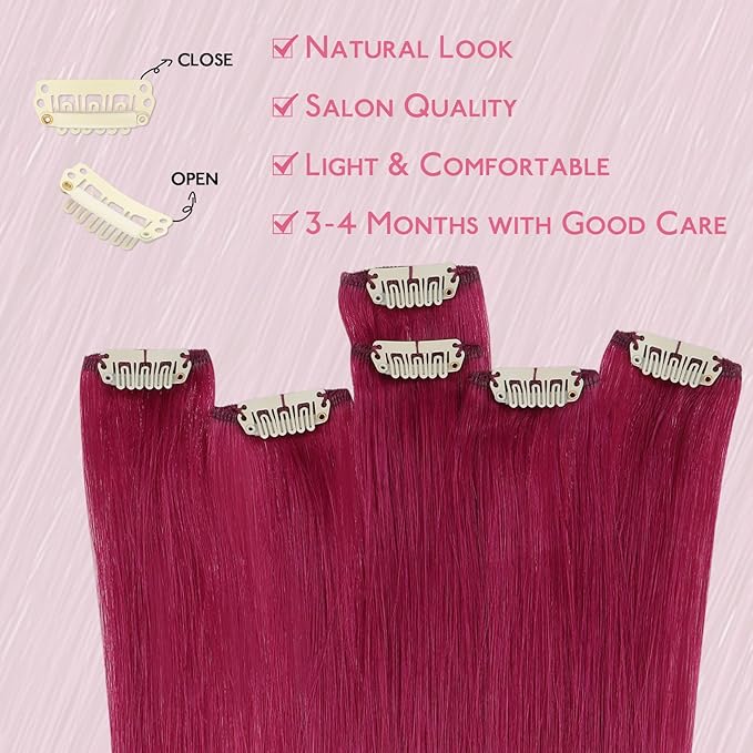 WENNALIFE Burgundy Red Clip in Hair Extensions Real Human Hair 35g 6pcs 22 Inch Colored Hair Extensions for Kids Women Colorful Hair Pieces Pop-up Style Straight Extensiones De Cabello Humano Con Clip
