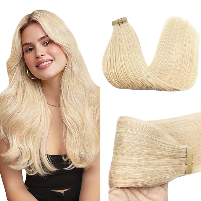 GOO GOO Tape in Hair Extensions Human Hair, 613R Bleach Blonde, 16inch 50g 20pcs, Skin Weft Seamless Invisible, Silky Straight with Thick Ends, Remy Human Hair